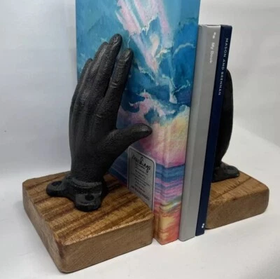 2 Cast Iron Hand Bookends Book Ends Bookshelf Paperweight Rustic Hardwood Accent - Image 1 of 4