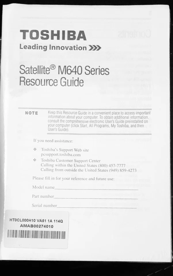 New Sealed Toshiba Satellite M640 Series Resource Guide Sealed - Image 1 of 1