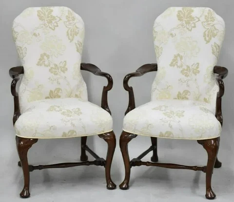 Pair of Queen Anne Style Mahogany Gooseneck Arm Chairs Travers Crewel Fabric Cover