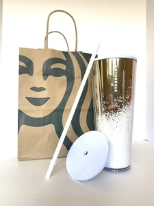 Starbucks Coffee Venti Tumbler GOLD Cascading Snow RARE EDITION - Picture 1 of 2