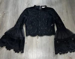 Schwarz Spitze transparent Crop Shirt Witchy Goth Festival Emo Glockenärmel Bluse Gr. S - Bild 1 von 10