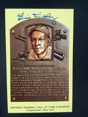 Bill Dickey Signed Gold HOF Plaque Postcard Yellow JSA Autograph NY Yankees - Image 1 of 3