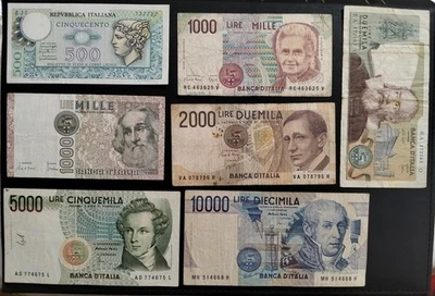 Lot of 7 Vintage Italian Lire Banknotes – 500 to 10000 Lire – Banca d’Italia - Image 1 of 2