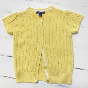 Lands' End Girl's Short Sleeve Button Up Cable Sweater Yellow Size Small 7/8 - Picture 1 of 10