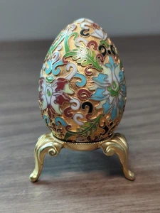 Vintage Enameled Cloisonne Gold Tone Carved Style Egg On Metal Stand - Picture 1 of 13