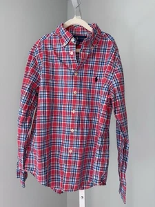 Polo Ralph Lauren Boys Cotton Red Blue Button Down Shirt Size Medium (10-12) EUC - Picture 1 of 4