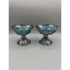 Juego de Candelabros de Vidrio Indiana Carnaval Cosecha Uva Azul Iridiscente De Colección - Imagen 1 de 6