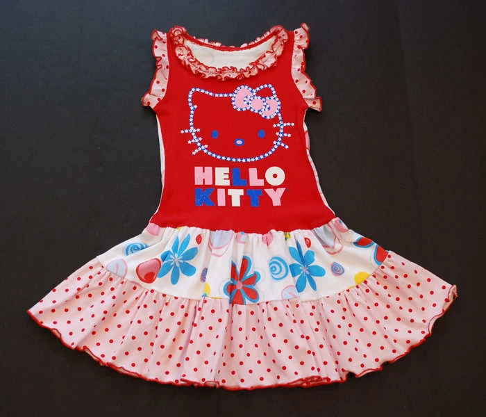 NUEVO Vestido Personalizado Boutique HELLO KITTY Vestido Volantes Tanque Floral Upcycle 5 6 7 Foto 1 de 4