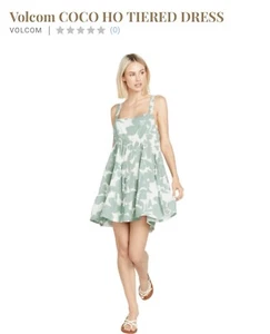 VOLCOM COCO HO TIERED MINI DRESS (10) L White & Green Flowers Adjustable Straps - Picture 1 of 12