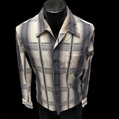 Vtg 70's Joel Men's White Black SHADOW PLAID Butterfly Collar Mod DISCO Shirt M - Image 1 of 4