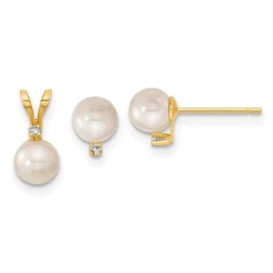 14K Solid Yellow Gold 5mm White Round Akoya Saltwater Cultured Pearl Diamond ... - Picture 1 of 4