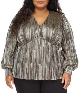 Michael Kors Metallic V-Neck Top Women's Plus Size 3X Gold Black Long Sleeve - Picture 1 of 13