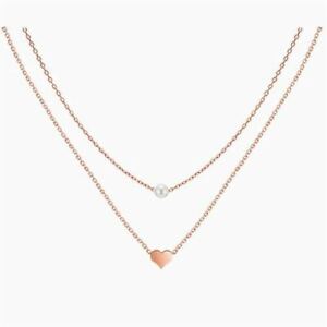 925 Sterling Silver Rose Gold Two Layers Heart Pearl Pendant Necklace Women Girl