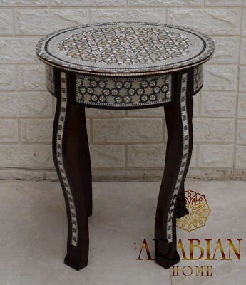 Moroccan 16" Round Mother of Pearl Side Table, Coffee & End Wooden Bedside Table - Image 1 of 4