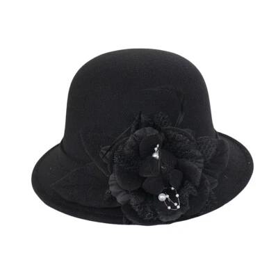 Womens Wool Felt Bucket Caps Elegant Vintage Flower Cloche Church Bowler Hat - Image 1 of 4