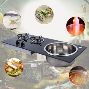 Boat Caravan RV Camper Gas Stove Hob 2 Burner LPG Sink Combo Cooktop w/Glass Lid - Foto 1 di 22