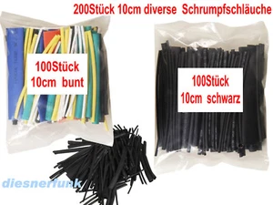 200x Stück Schrumpfschlauch 10cm lang 1,5-13mm weiß blau türkis rot gelb schwarz - Bild 1 von 1