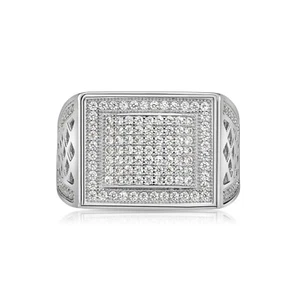 Solid 925 Sterling Silver Pave Square Signet Statement Pinky Wedding Band Ring - Picture 1 of 12
