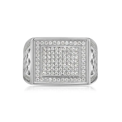 Anillo de alianza de boda meñique con sello cuadrado pavé de plata de ley 925 maciza Foto 1 de 4