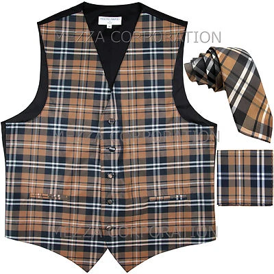 New Vesuvio Napoli Men's plaid Tuxedo Vest_2.5" Self Tie Necktie & Hankie Brown - Image 1 of 4