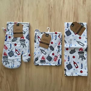 Patriotic Barbeque Kitchen Towel Oven Mitt & Pot Holder 3Pc Set Americana NWT - Picture 1 of 20
