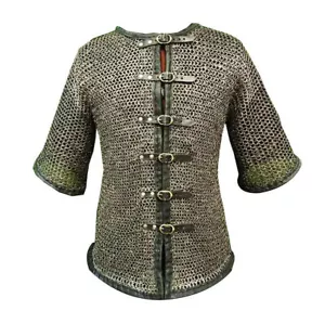 Flat Riveted Chainmail Curb 9mm Hauberk with Leather Clasp Large XL - Picture 1 of 2