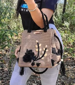 Limited Edition Crochet Bag Pistacho Accents Brown And Black Purse Woman Unique - Picture 1 of 14