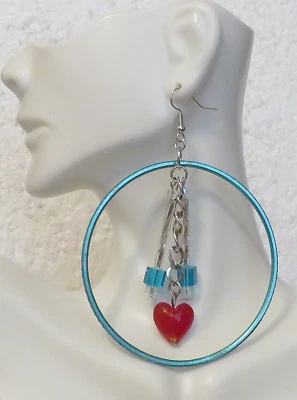 Large Teal Hoop Earrings 2 Teal Cube Center Red Heart Chain Drop 3" Dangle Hook - Image 1 of 3