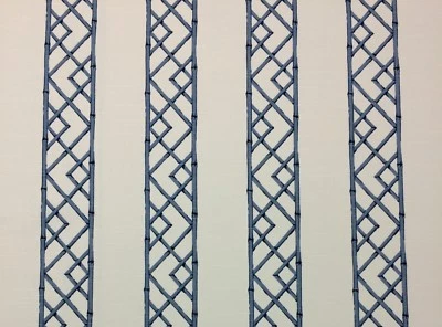 BALLARD DESIGNS REVA BLUE IVORY BAMBOO STRIPE MULTIUSE FABRIC BY THE YARD 54"W - Image 1 of 4