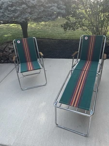 Vintage  Zip Dee Lawn Camping Folding Chairs Green Orange Stripe MCM 1970's - Picture 1 of 18