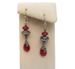 Vintage Sterling Silber Danlge Ohrringe Rubin rot facettiertes Glas Leverback 925 - Bild 1 von 5