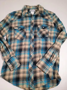 Wrangler Wrancher Mens Medium Pearl Snap Flannel Plaid Western Shirt - Picture 1 of 5