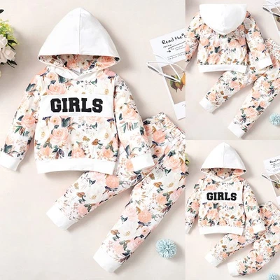 Toddler Baby Girl Floral Hoodie Sweatshirt Pants Tracksuit Outfit Clothes Set - Image 1 of 4