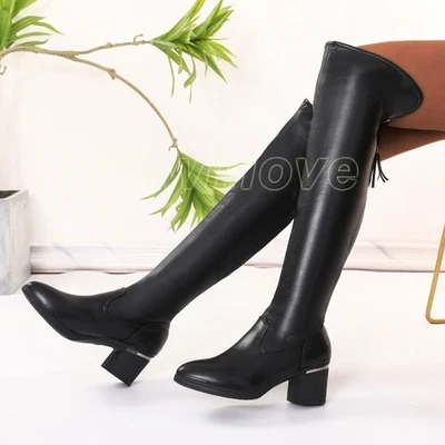 Women Over Knee Thigh Boots Pointy Toe Block Heel Black PU Leather Dress Boots - Image 1 of 4