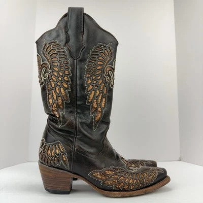 Botas vaqueras Corral talla 7M para mujer de cuero marrón con lentejuelas Fleur De Lis Wings Foto 1 de 4
