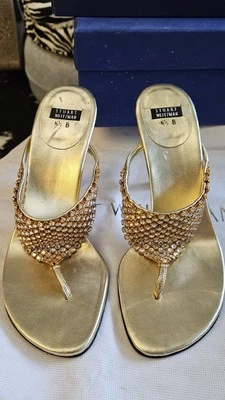 New Stuart Weitzman 6.5 Gold Metallic Leather Rhinestones Thong Sandals - Image 1 of 4