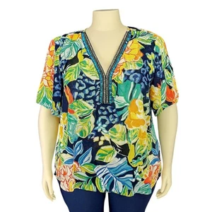 Melissa Paige Woman 2X Tropical Floral Beaded VNeck Blouse Bright Resort Travel - Picture 1 of 11