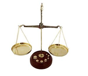 Antique Small Brass Weight Scale With Wooden Base Weighing Scale Handicraft.....