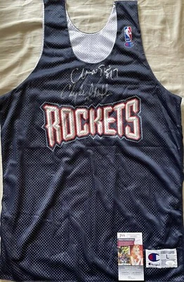 Clyde Drexler Mario Elie signed autographed 1995 Rockets Champion jersey JSA COA - Image 1 of 2