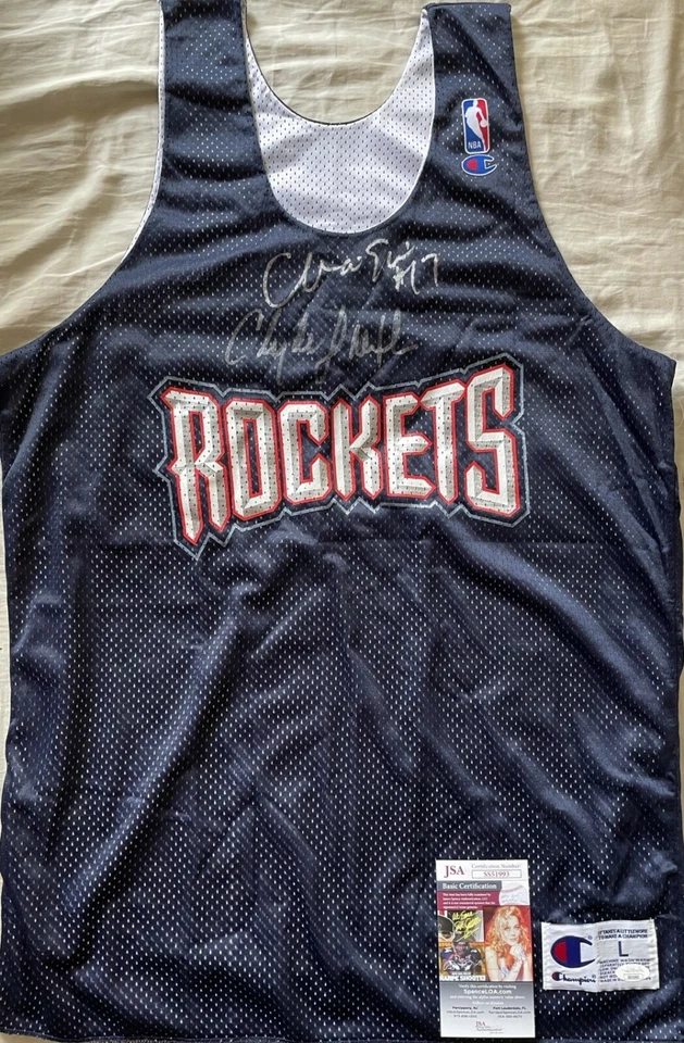 Clyde Drexler Mario Elie signed autographed 1995 Rockets Champion jersey JSA COA - Image 1 of 2