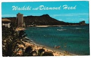 WAIKIKI Beach and DIAMOND HEAD Hawaii HI Aerial View Postcard 1968 - Picture 1 of 2