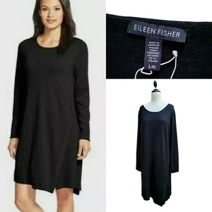 Eileen Fisher Large Black Merino Wool Asymmetrical Long Sleeve Dress - Picture 1 of 9