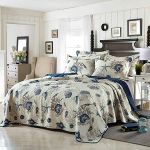 BEAUTIFUL BEACH HOUSE COASTAL SEASHELL NAUTICAL NAVY BLUE IVORY WHITE QUILT SET - Picture 1 of 7