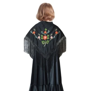 Girls Flamenco Spanish Embroidered Shawl Cover Up Wrap Dance Black Multi Flower - Picture 1 of 1