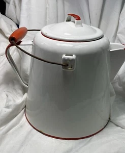 Vintage Enamelware Coffee Tea Pot Kettle Red-White -Large Farmhouse Cabin Rustic - Picture 1 of 9