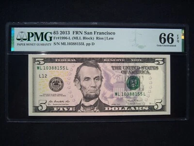 $5 Federal Reserve Note Series 2013 FR1996-L San Francisco MLL Block - Image 1 of 2