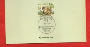 1992 COLINAS DE NAVIDAD Yarra Glen Victoria AU matasellos pájaro KOALA acebo - Imagen 1 de 3