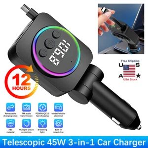3in 1 45W Retractable Car Charger USB Type-C Cable For Phone Fast Charge Adapter - Picture 1 of 14