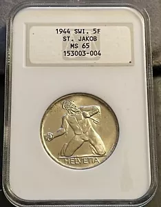 1944 Old Soap Box Holder NGC MS 65 Swiss 5 Francs (St. Jakob) Nice Luster - Picture 1 of 4