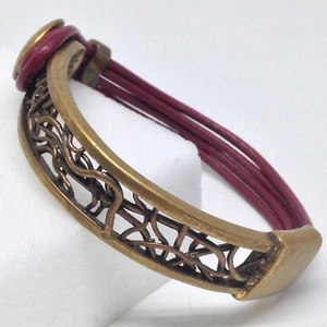 Coldwater Creek Brass 2.5” Bracelet Faux Red Leather Strap Abstract Wire Branchs - Picture 1 of 7